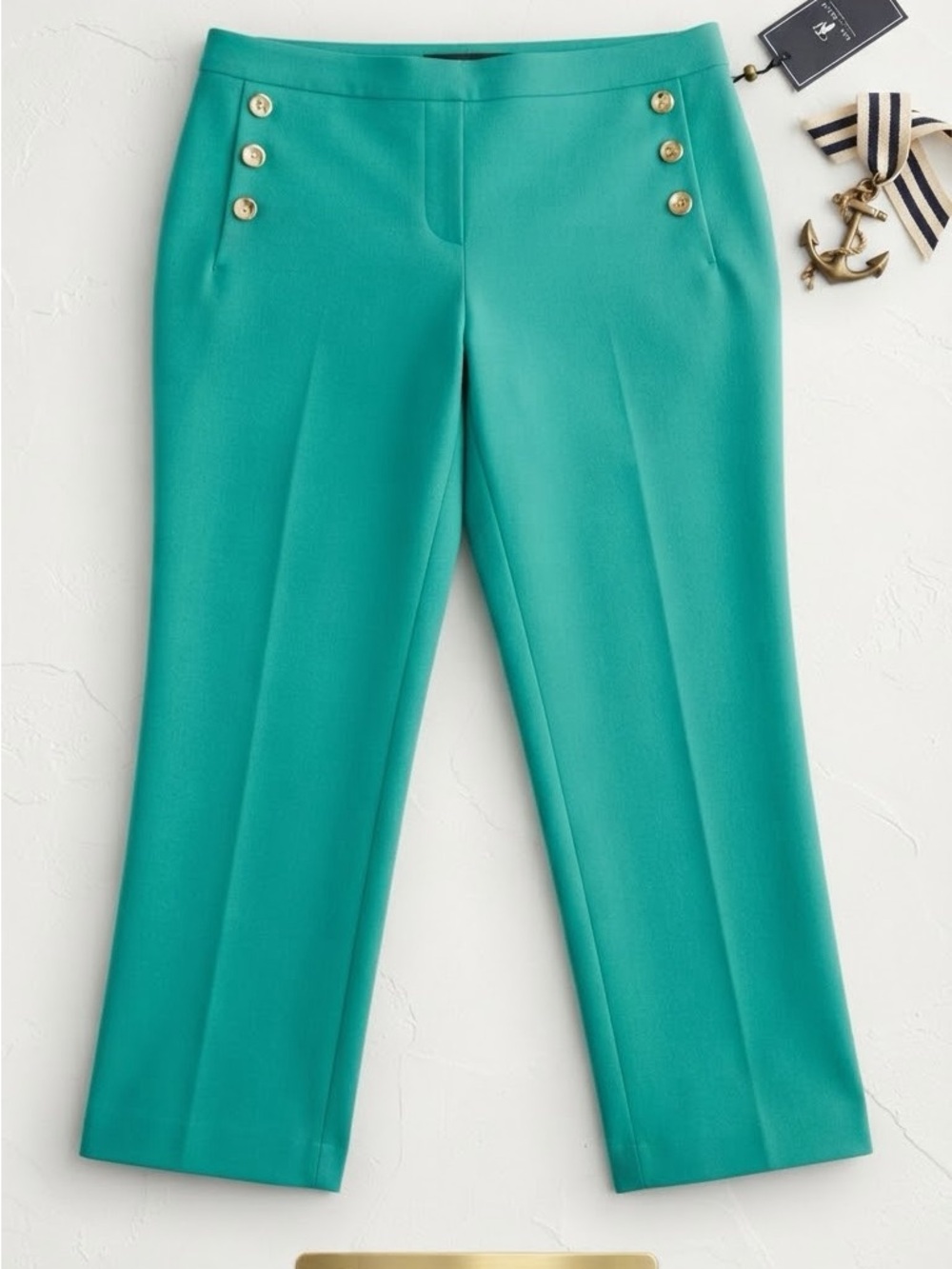 Cropped Straight-Leg Pants in Teal with Gold Buttons